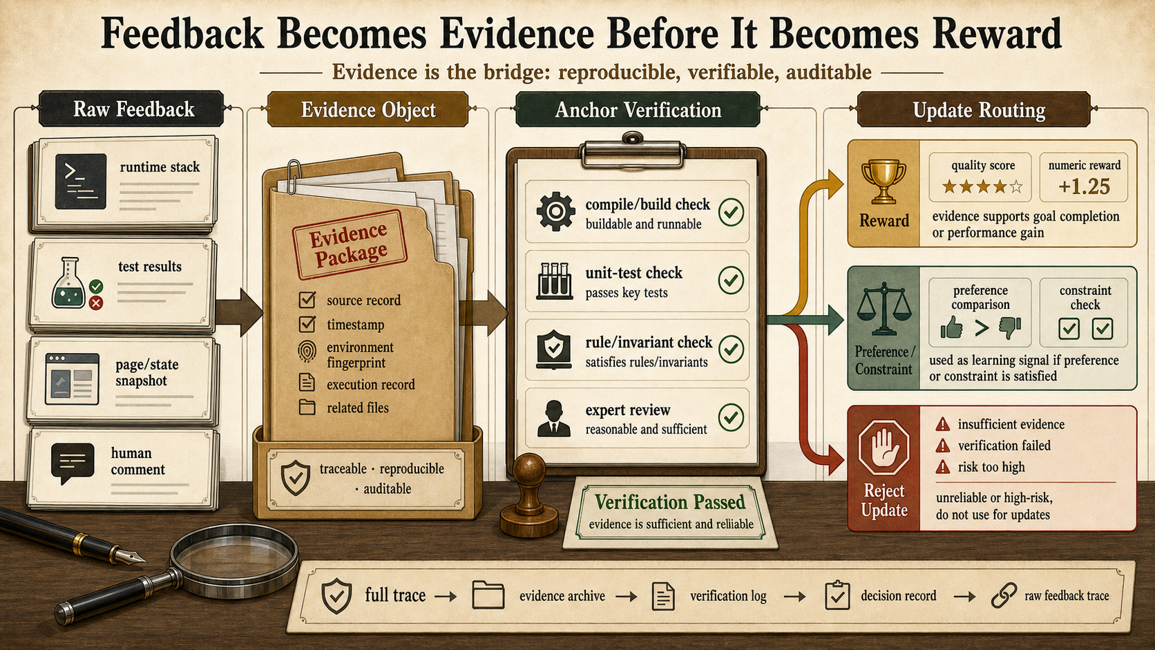 Feedback first becomes evidence, then reward, preference, or constraint