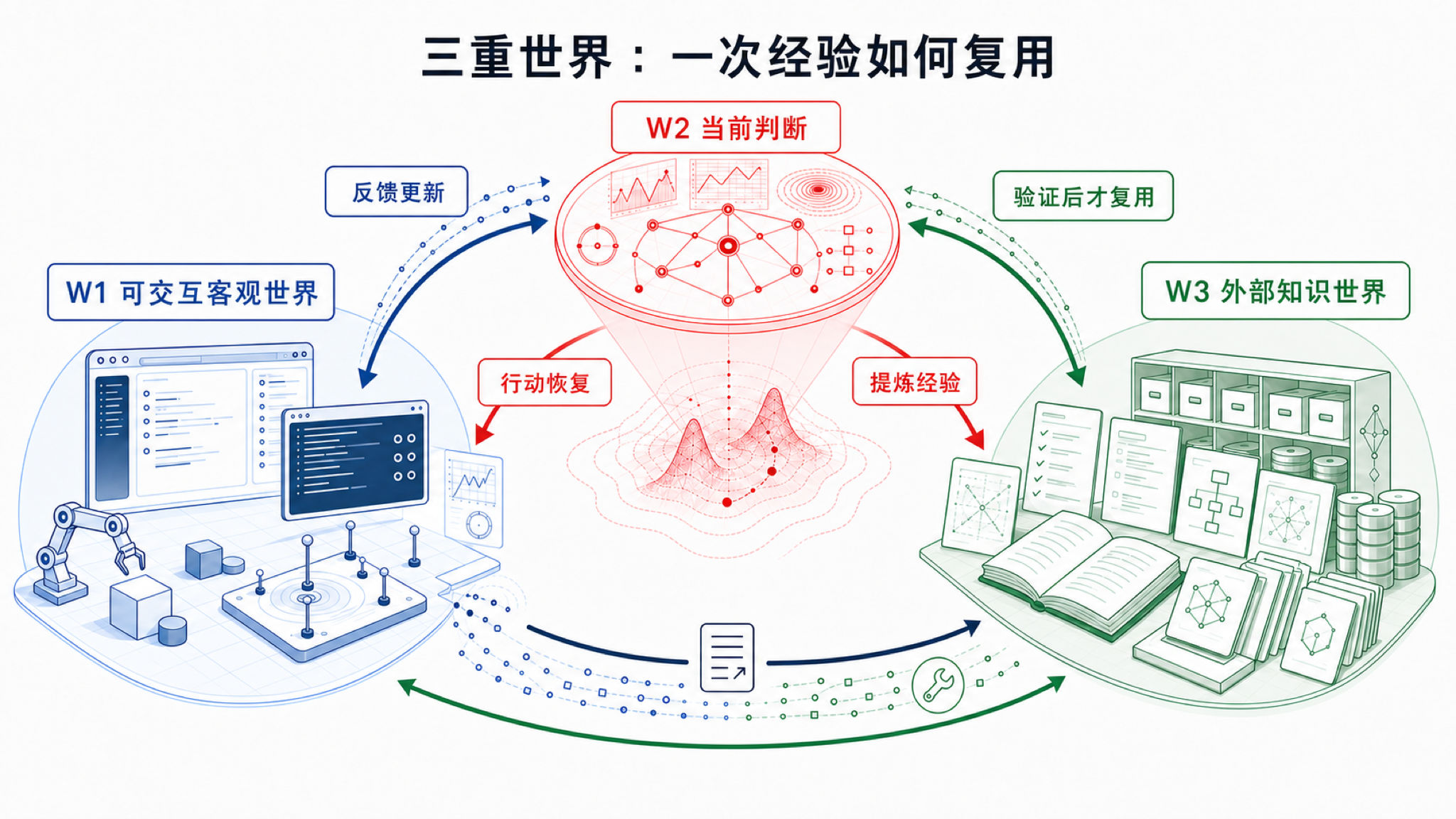 三重世界不是静态分类，而是 W1 反馈、W2 判断、W3 沉淀与检索组成的经验复用循环。